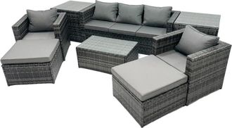 Fimous Fimous Outdoor Coffee Table Sofa Armchair Set with 2 Side Tables 2 Big Stools Garden Furniture Set Dark Grey Mixed