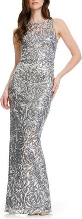 Dress The Population Laney Sequin Illusion Neck Column Gown in Silver Multi at Nordstrom, Size X-Small