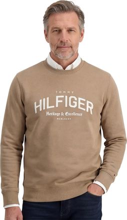 Tommy Hilfiger sweater beige effen katoen lange mouw opdruk