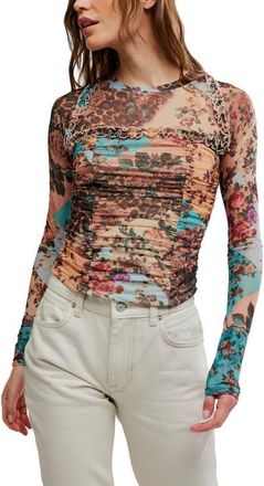 Free People Ariana Printed Ruffle Shirred Mesh Shirt in Taupe Combo at Nordstrom, Size X-Large