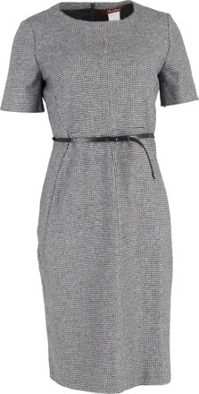 Max Mara Belted Houndstooth Midi Dress in Grey Wool