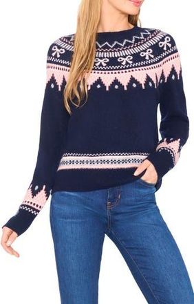 CeCe by Cynthia Steffe Bow Fair Isle Ribbon Detail Crewneck Sweater in Classic Navy at Nordstrom Rack, Size X-Small
