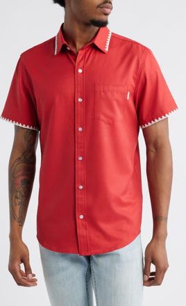 MAVRANS Weekend Crochet Trim Short Sleeve Performance Button-Up Shirt in Red at Nordstrom, Size X-Large