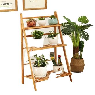 OEM Soporte Para Plantas, Dise&ntilde;o De 3 Niveles, Construcci&oacute;n Robusta De Bamb&uacute;, Natural, L