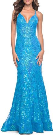 La Femme Neon Mermaid Print Sequin Dress with Lace Up Open Back in Aqua at Nordstrom, Size 12