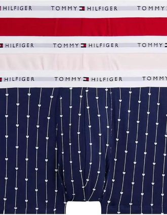 Tommy Hilfiger Mens 3-Pack Signature Cotton Hearts Print Boxer Trunks, Navy/Pink/Red - Size: 39/38/32