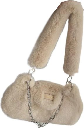 Generic Womens Plush Bags Plush Shoulder Bag Solid Color Womens Ladies Armpit Bags Chain Female Handbag Purse(Apricot)