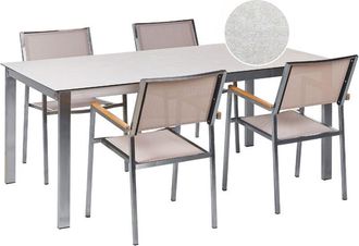 Beliani Stainless Steel Modern 4 Seater Garden Dining Set Table Glass Top Textilene Chairs White and Beige Cosoleto