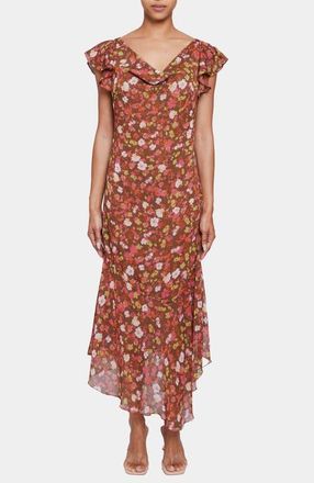 Santorelli Laurel Flutter Cap Sleeve Midi Dress in Floral Crinkle Georgette with Lurex in Poppy Multi at Nordstrom, Size 4