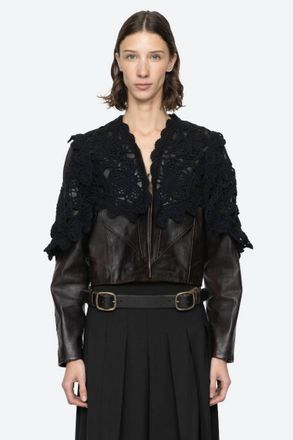 Sea New York Gwen Leather Jacket Crochet Overlay In Vintage Cognac