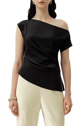 LilySilk Womens Stretch Silk Charmeuse Asymmetric Top in Black at Nordstrom, Size X-Small