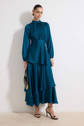 Trendyol Modest Dames Groen Effen Maxi Lang Stijlvol/Avond Skater Modest Avond Jurken