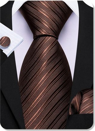 Barry.Wang Mens Brown Tie and Pocket Square Set Solid Colors Silk Necktie Handkerchief Cufflink Formal