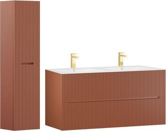Vente-Unique Mueble de ba&ntilde;o suspendido con lavabo encastrado, grifo y columna - Estriado terracota - 120 cm - PAVANI