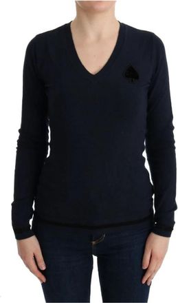 Costume National Elegante blauwe V-hals trui - Dames - V-hals truien - Blauw - S - Polyester - Truien & Vesten