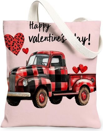Generic Valentines Day Truck Canvas Tote Bags, Heart Pattern Reusable Grocery Bags, Vintage Rustic Lightweight Washable Shoulder Strap Canvas for Shopping Tra