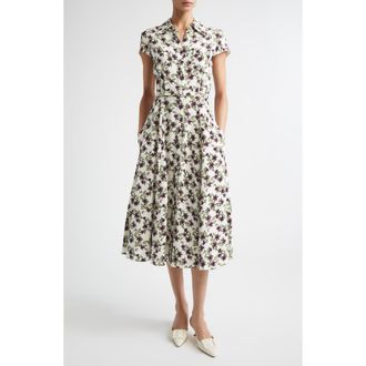 Emilia Wickstead Isabeli Print Silk Crepe Midi Dress in Lillies Purple/Olive On Ivor at Nordstrom, Size 14 Us