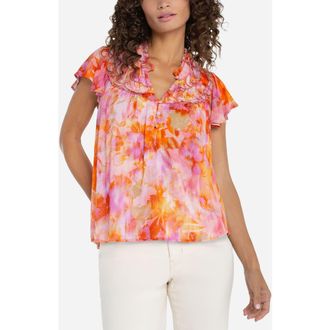 Liverpool L.A. Floral Print Ruffle Top in Orange/Pink Multi at Nordstrom, Size X-Large