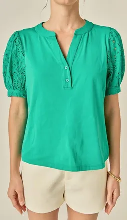 English Factory Mixed Media Eyelet Sleeve Top in Green at Nordstrom, Size X-Small