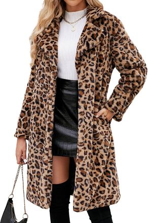 Generic Women Long Faux Fur Jacket Warm Coat Leopard Fluffy Open Front Cardigan Fuzzy Teddy Coat Winter Overcoat (Leopard,3XL)