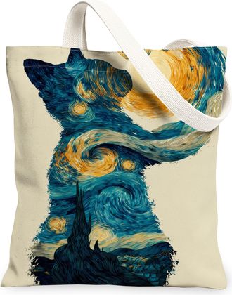 Generic Artistic Dog Canvas Tote Bags, Starry Night Pattern Reusable Shopping Bags, Vintage Style Lightweight Washable Shoulder Str, Multicolor, 13x15 Inch