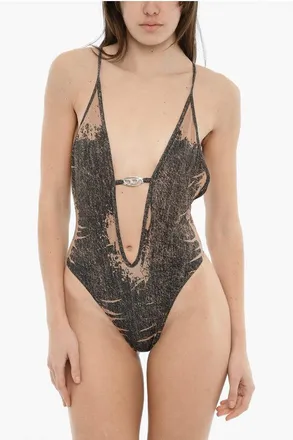 Diesel Patterned One-Piece Swimsuit DAISY-DNM With Deep Plunge size Xl