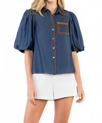 THML Clothing Puff Sleeve Denim Button Up Top In Blue