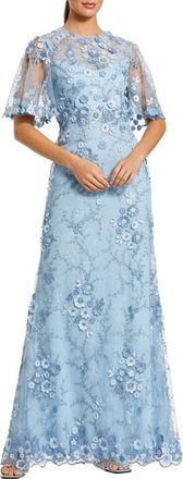 Mac Duggal Womens Flutter Sleeve Floral Emboridered Net Gown in French Blue at Nordstrom, Size 20