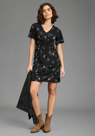 Laura Scott Sommerkleid LAURA SCOTT, Damen, Gr. 34, N-Gr, schwarz, gebl&uuml;mt, Jersey, Obermaterial: 95% Viskose, 5% Elasthan, gebl&uuml;mt, figurbetont mini, V-Ausschnit