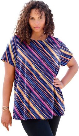 Roaman's Plus Size Ultimate Cotton Crewneck Short Sleeve Swing Tee in Navy Watercolor Stripe at Nordstrom, Size Small