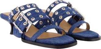 Ganni Womens Buckle-Strap Cotton Heel Mule Blue