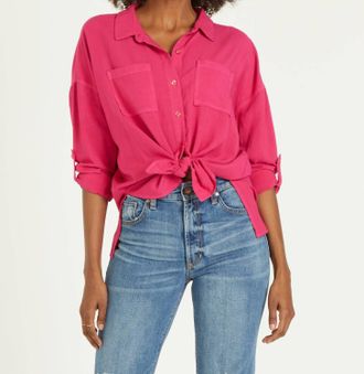 Dear John Denim Arianna Long Sleeve Tie Front Button Down Top In Cherries Jubilee