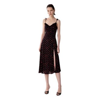Mar De Margaritas Midi Dresses, female, Black, Size: L Priscilla - Abito Midi In Crepe Con Rouge Sulla Scollatura E Spacco Laterale