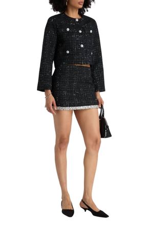Maje Sequin-Embellished Short Metallic Tweed Jacket In Black