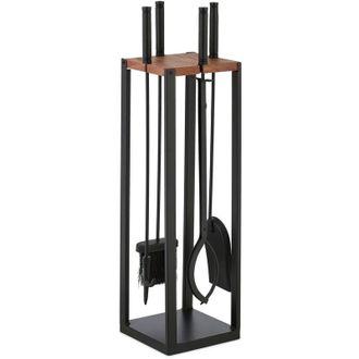 Relaxdays Accesorios Chimenea 5 Piezas, Juego De Estufa Con Atizador, Pinzas, Escoba, Pala Y Soporte, Negro/marr&oacute;n - Relaxdays