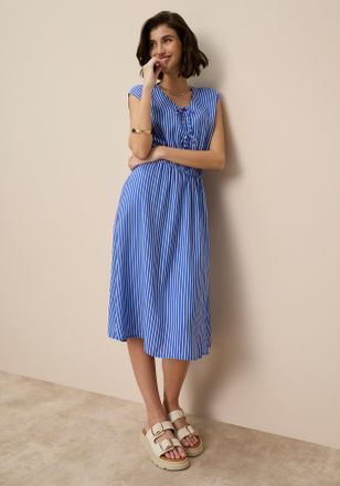 Tamaris Midikleid TAMARIS, Damen, Gr. 34, N-Gr, blau, wei&szlig; gestreift, Web, Obermaterial: 100% Viskose, gestreift, figurumspielend wadenlang, V-Ausschnitt, ang