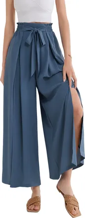 Grace Karin Ladies Casual Split Flowy Palazzo Pants with Pockets Ankle Wide Leg Pants Gray Blue 2XL