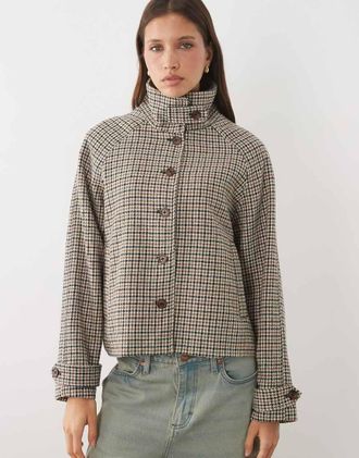 Threadbare Giacca in lana sintetica marrone a quadri con collo a imbuto