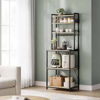 Woltu Scaffale da Cucina, Scaffale da Panetteria, Portaoggetti a 6 Ripiani con 6 Ganci, per Microonde, 60x40x167cm, Rovere Chiaro+Nero