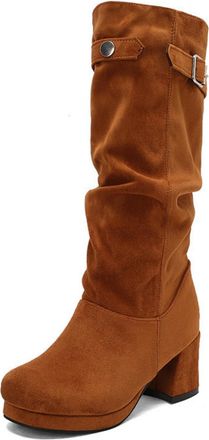 Generic Womens Faux Suede Mid-Calf Boots Round Toe Platform Long Boots Chunky Heel Tall Boot with Buckle,Brown,4.5 UK