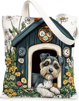 Generic Spring Schnauzer Dog Canvas Tote Bag for Shopping 13x15, Fun Flower Puppy Kennel Reusable Grocery Print Pattern Bag for Women, Cute Pet Beach Aestheti