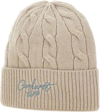 Carhartt Work in Progress cable-knit embroidered-detail beanie - men - Lambs Wool/Nylon - One Size - Neutrals