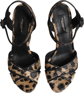 Dolce & Gabbana Womens Brown Leopard Wedges Ankle Strap Sandals Shoes Black And