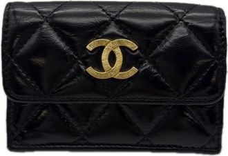 Chanel Matelasse Gold Black Leather Wallet (Tri-Fold) (Pre-Owned)