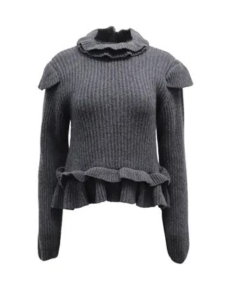 Ganni Ganni Cut-out Ruffled Ribbed Sweater in Grey Wool