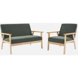 Sweeek Sof&aacute; De 2 Plazas Y Sill&oacute;n De Pana Con Patas De Madera, Isak Pana, Kaki Oscuro, 130x79x69 Cm