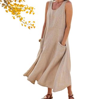 Generic 2025 Womens Summer Cotton Linen Dress Sleeveless Elegant Flowy Dresses with Pockets, Plus Size Tank Maxi Dresses for Women (Khaki,XXL)