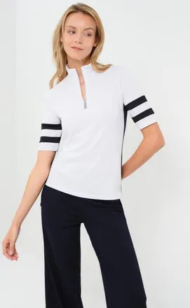 Anatomie Serena Sport Striped Zip-Up Short Sleeve Top in White/navy at Nordstrom, Size X-Large