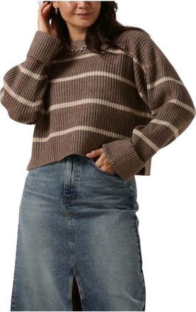 Co'Couture Beige Gestreept Gebreide Trui - Dames - Ronde hals truien - Beige - XL - Truien & Vesten