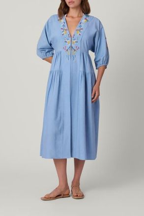 Shoshanna Embroidered Linen Evora Midi Coverup in Blue at Nordstrom, Size X-Small